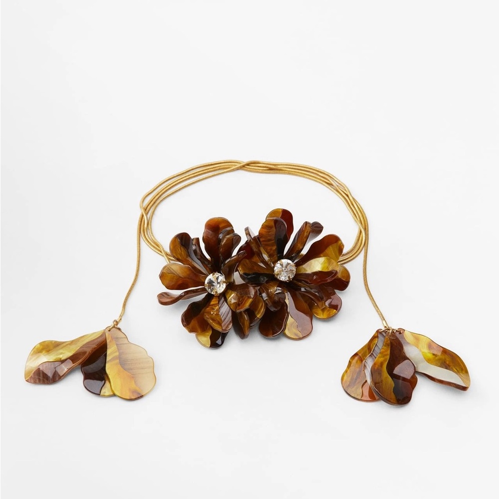 Zara Floral Tortoiseshell Resin Statement Wrap Lariat Tie Necklace Gold Cord